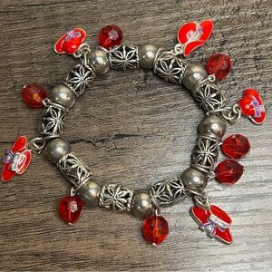 Red and Silver Tone Beads Lady Hats Charms Bracelet